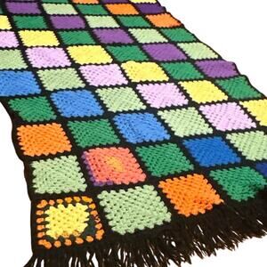 VTG Handmade Afghan Throw Blanket Roseanne Boho Fringe Black 73x35 OOAK Hippie